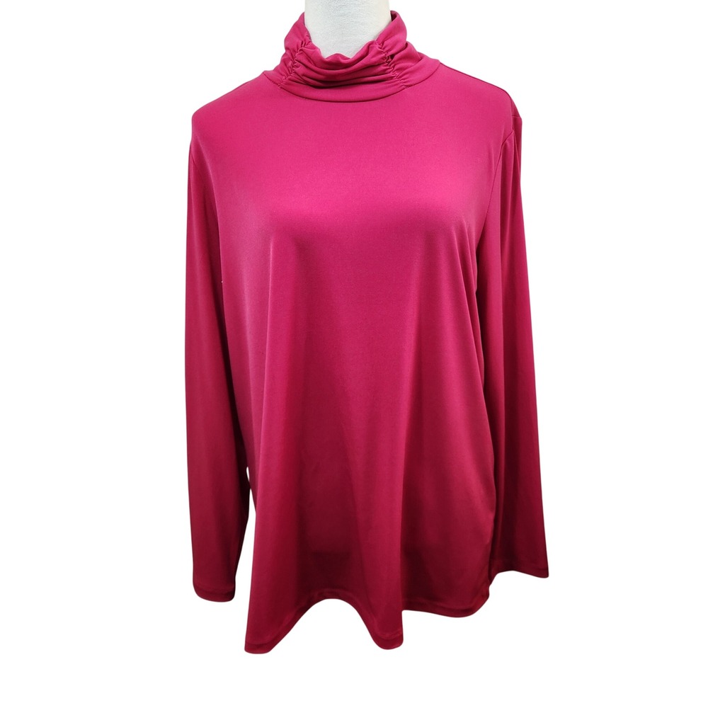 Susan Graver Pink Ruched Turtleneck Top Womens Size XL Barbiecore Stretch Blouse